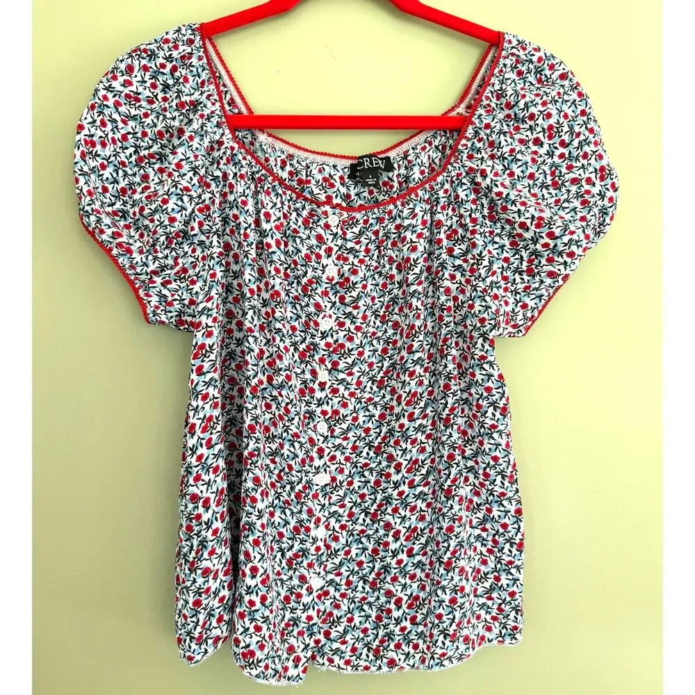 J. Crew Poppy Crepe de Chine Top Skirt Set Floral Blue Red Size Small
